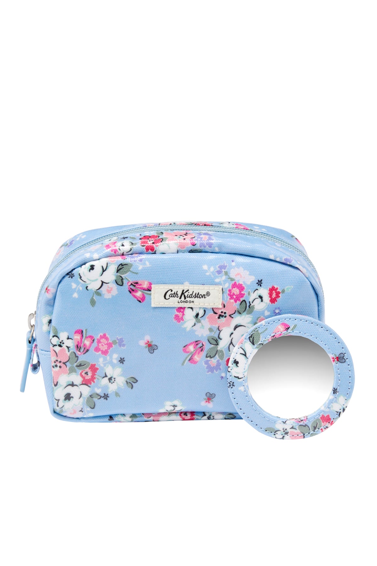 Make Up Bag With Mirror Pale Blue With Flowers