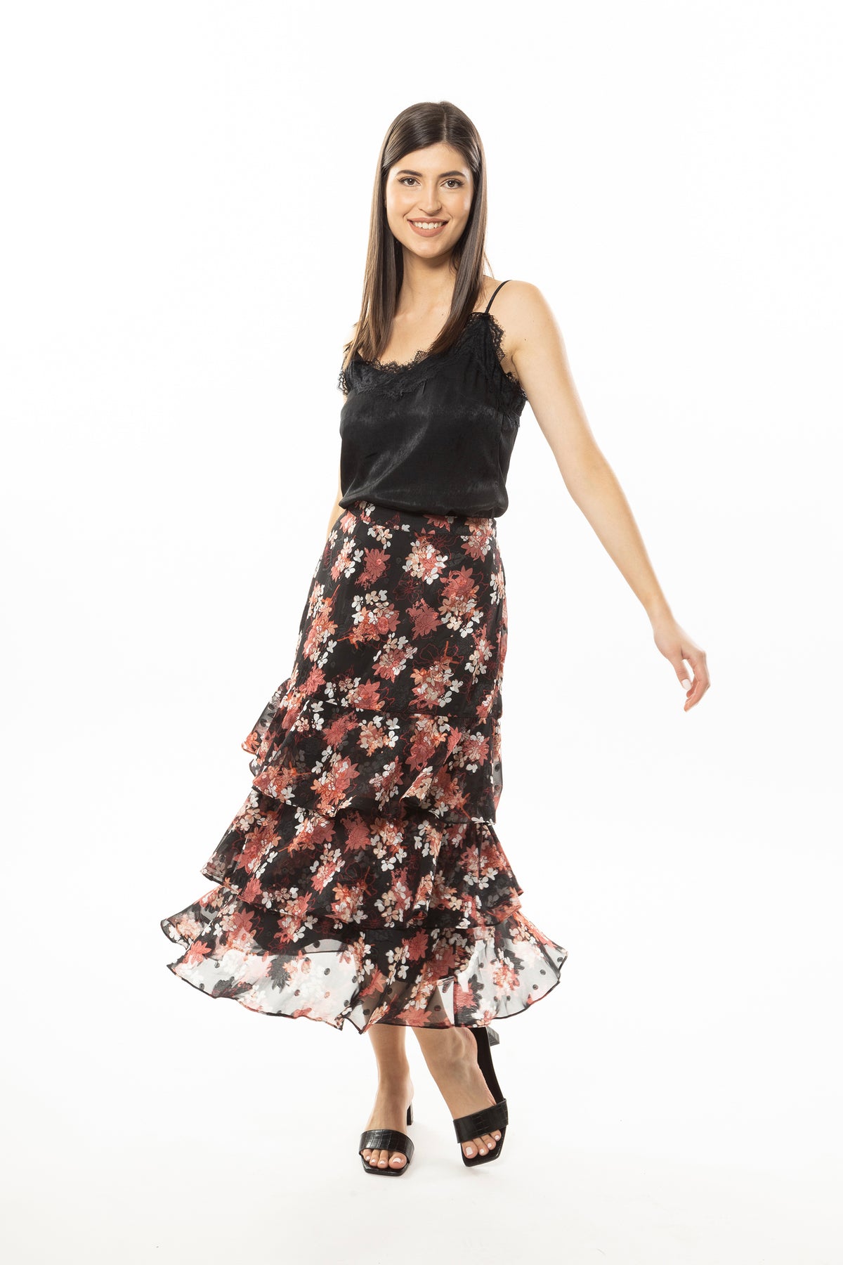 Triple Frill Maxi Skirt Black Red Floral
