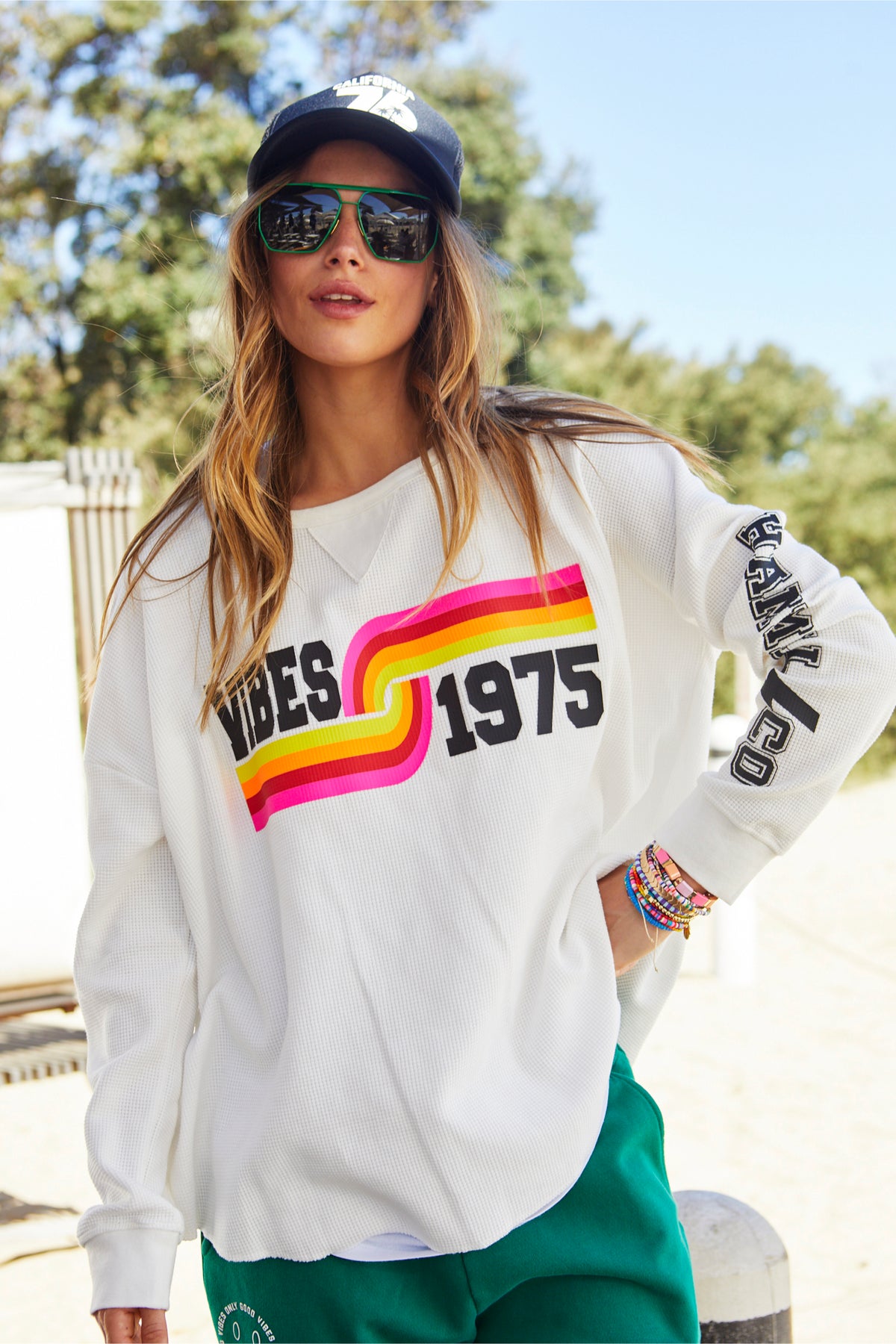 Vibes Waffle Long Sleeve Top White