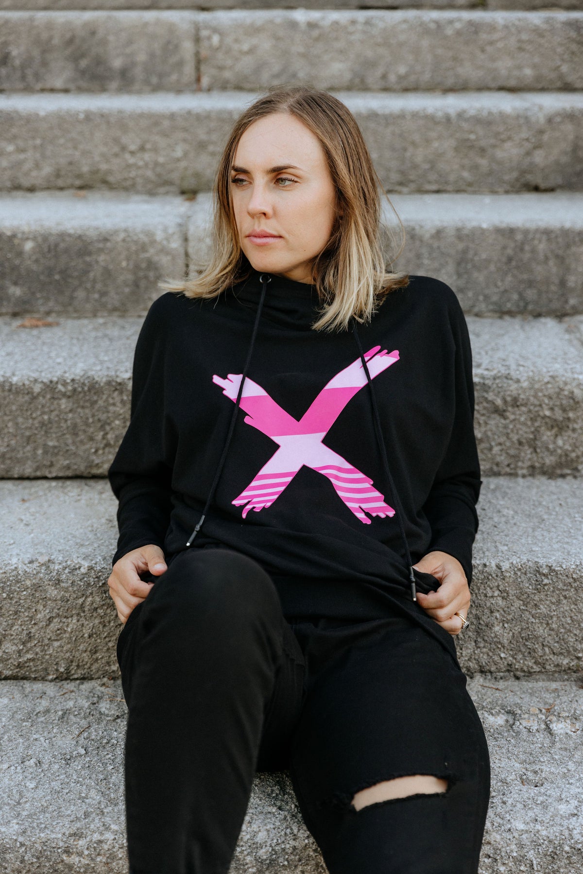 Ellen Hoodie Black With Irregular Pink Stripe