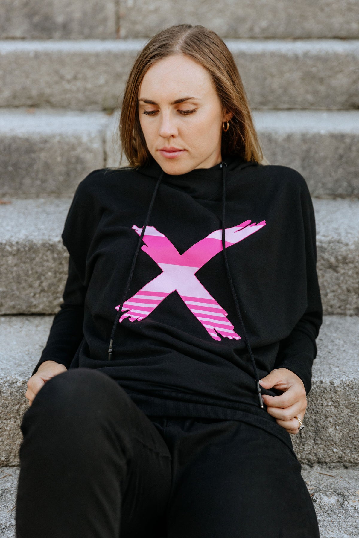 Ellen Hoodie Black With Irregular Pink Stripe