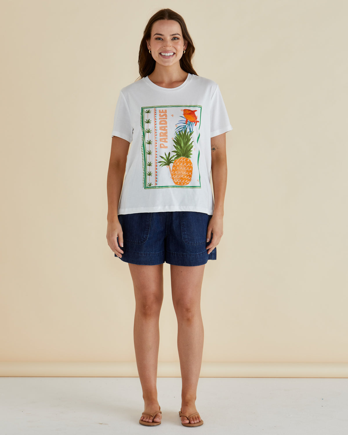 Ellia Crew Tee Paradise Beach Print  White