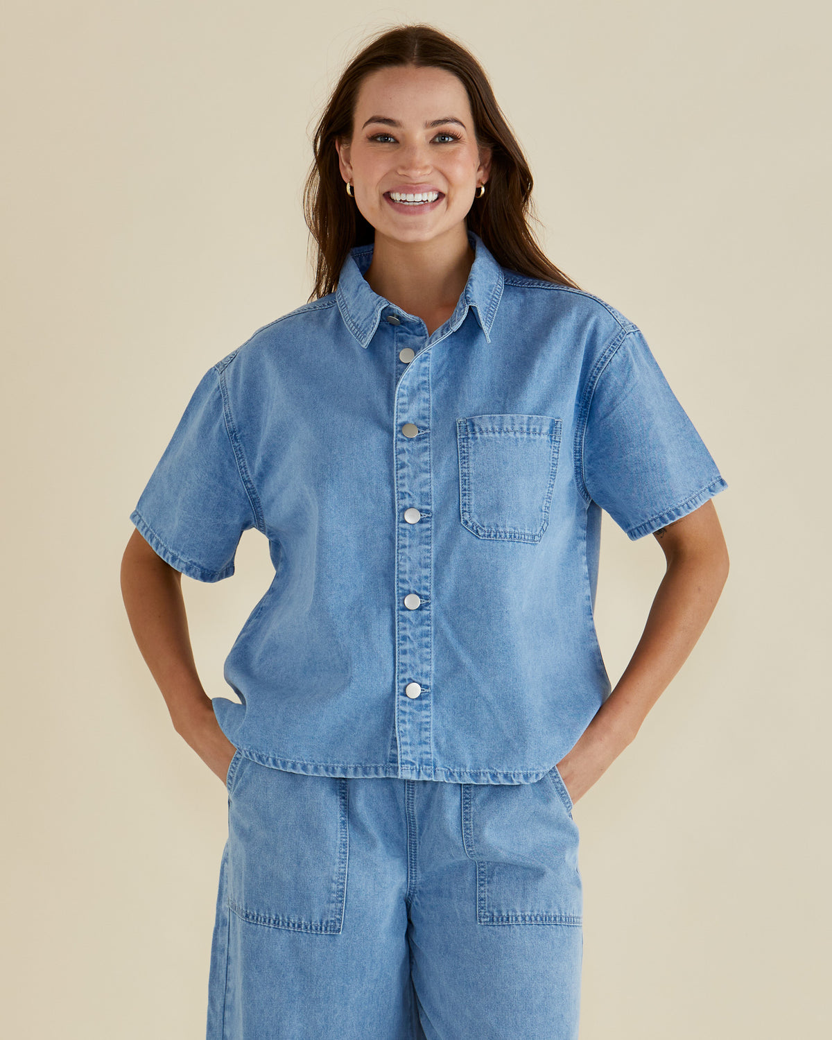 Saffra Short Sleeve Denim Shirt Medium Wash Blue Denim