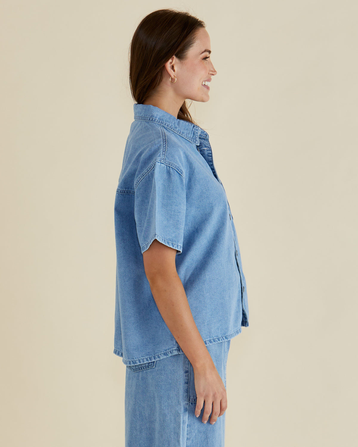 Saffra Short Sleeve Denim Shirt Medium Wash Blue Denim
