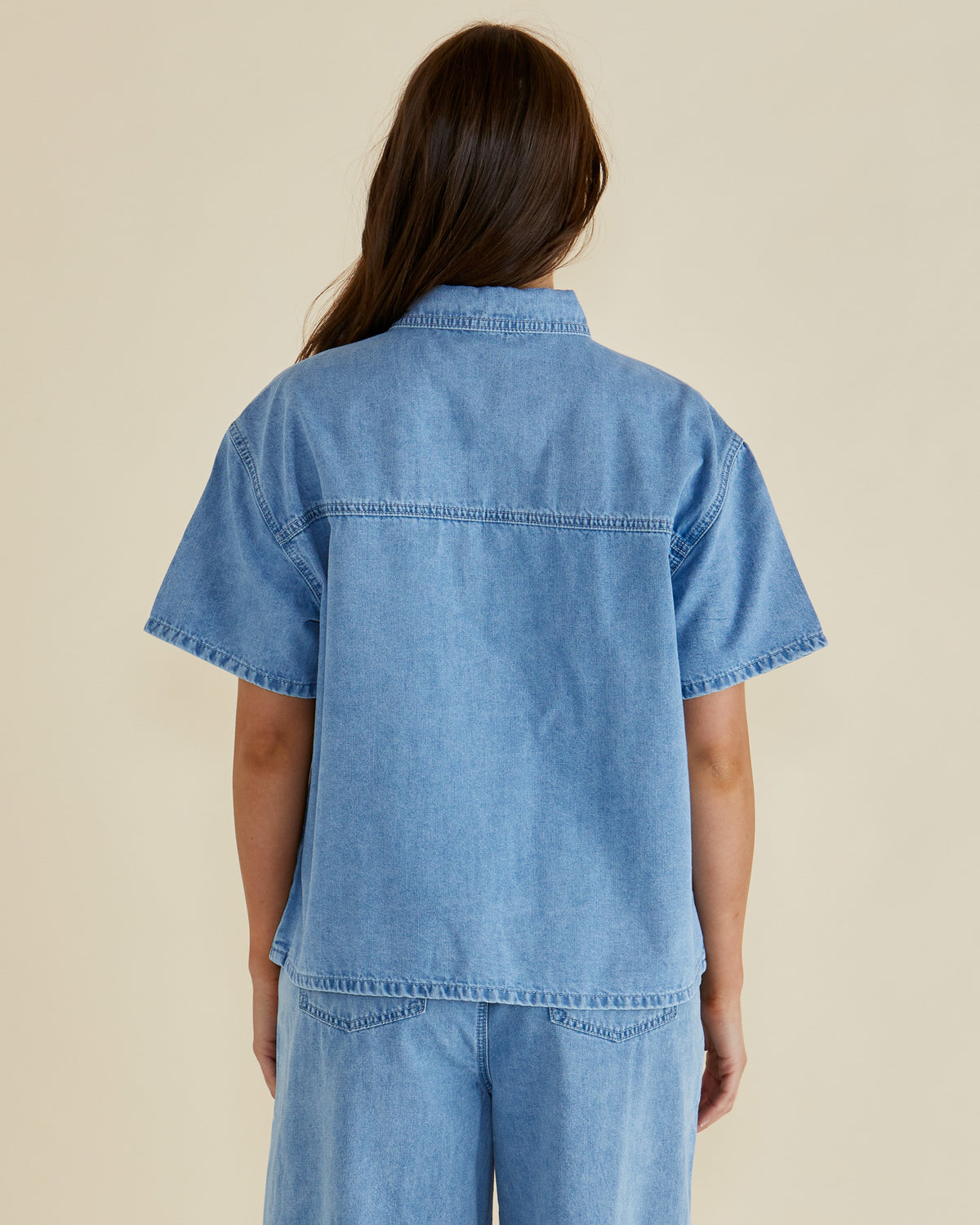 Saffra Short Sleeve Denim Shirt Medium Wash Blue Denim
