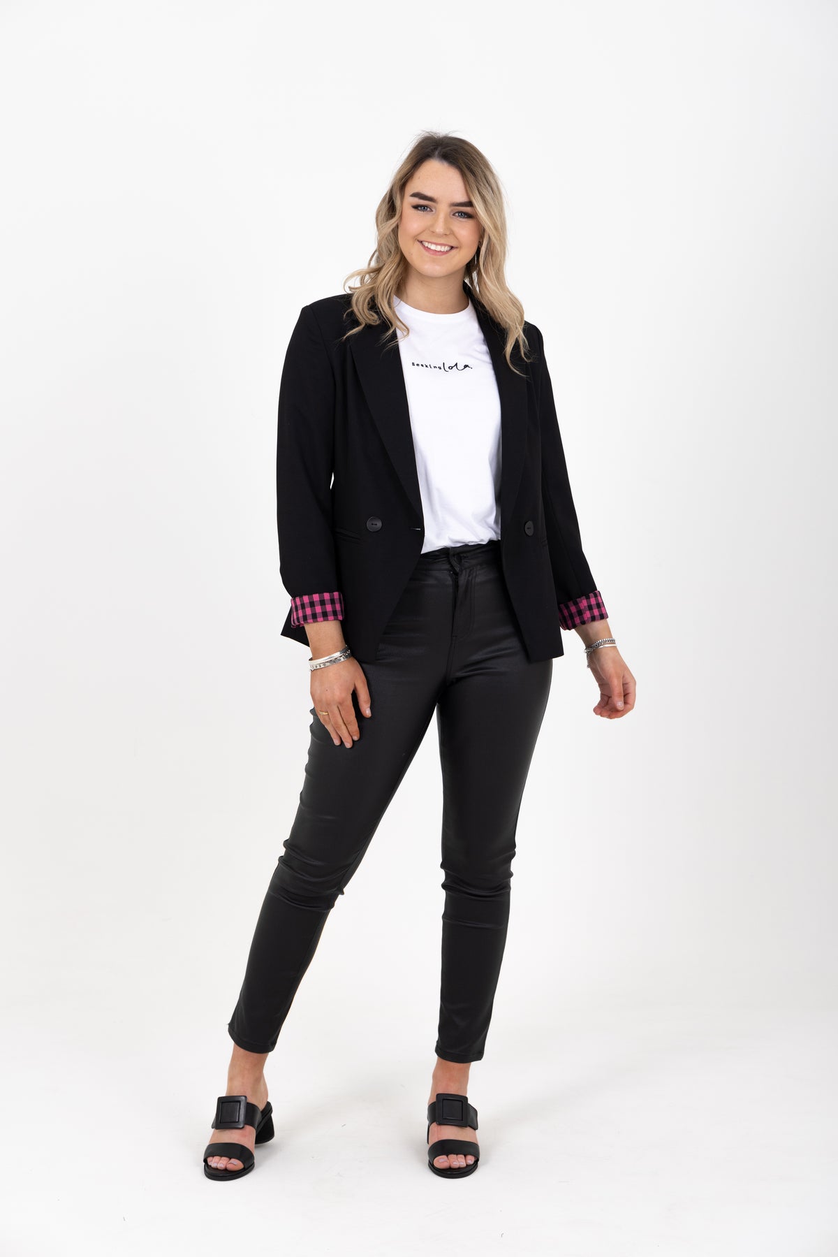Georgie Double Breasted Blazer -Black With Pink Gingham EXCLUSIVE TO MINT