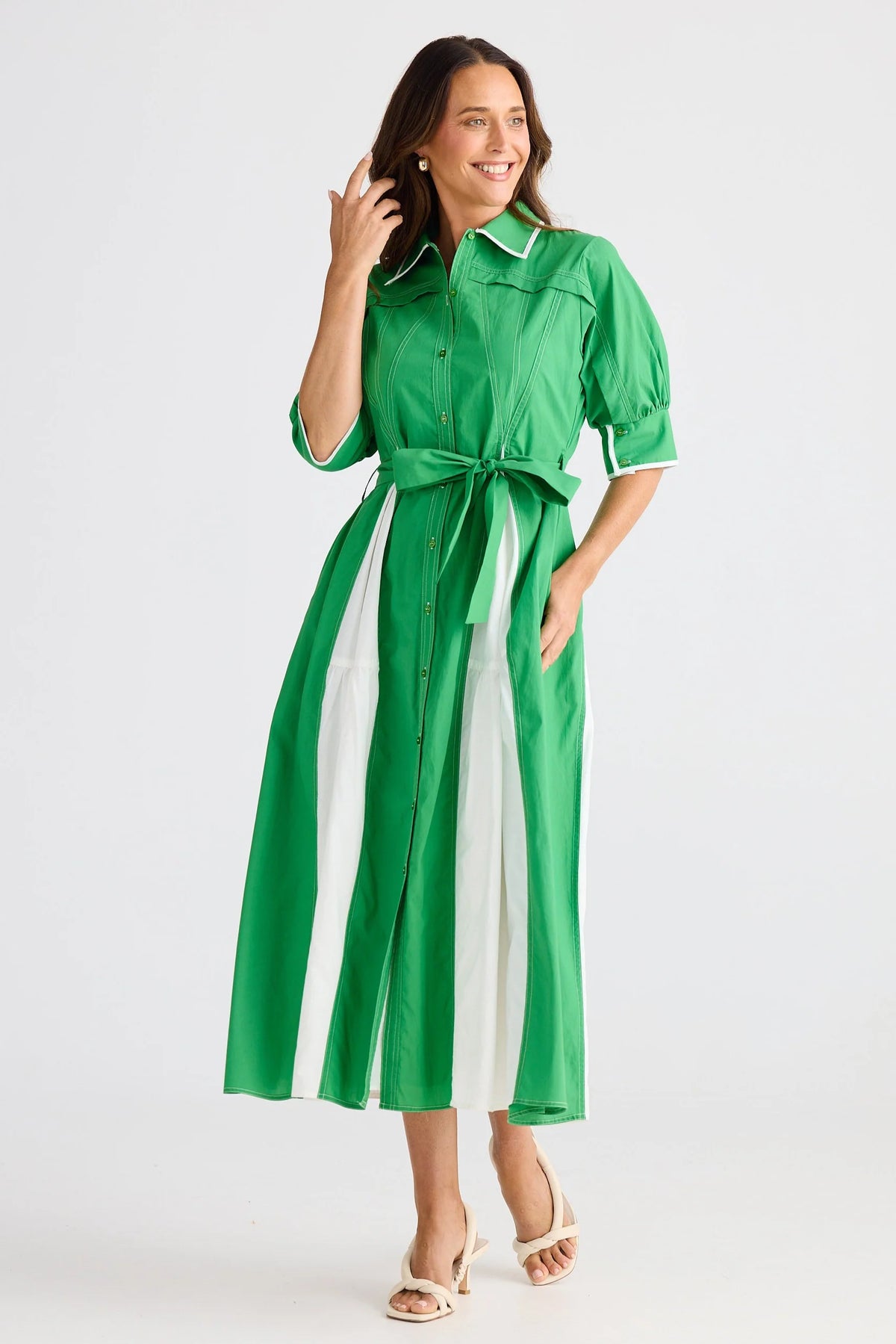 Aubree Dress Green With White - PREORDER DELIVERY MID/END SEPT