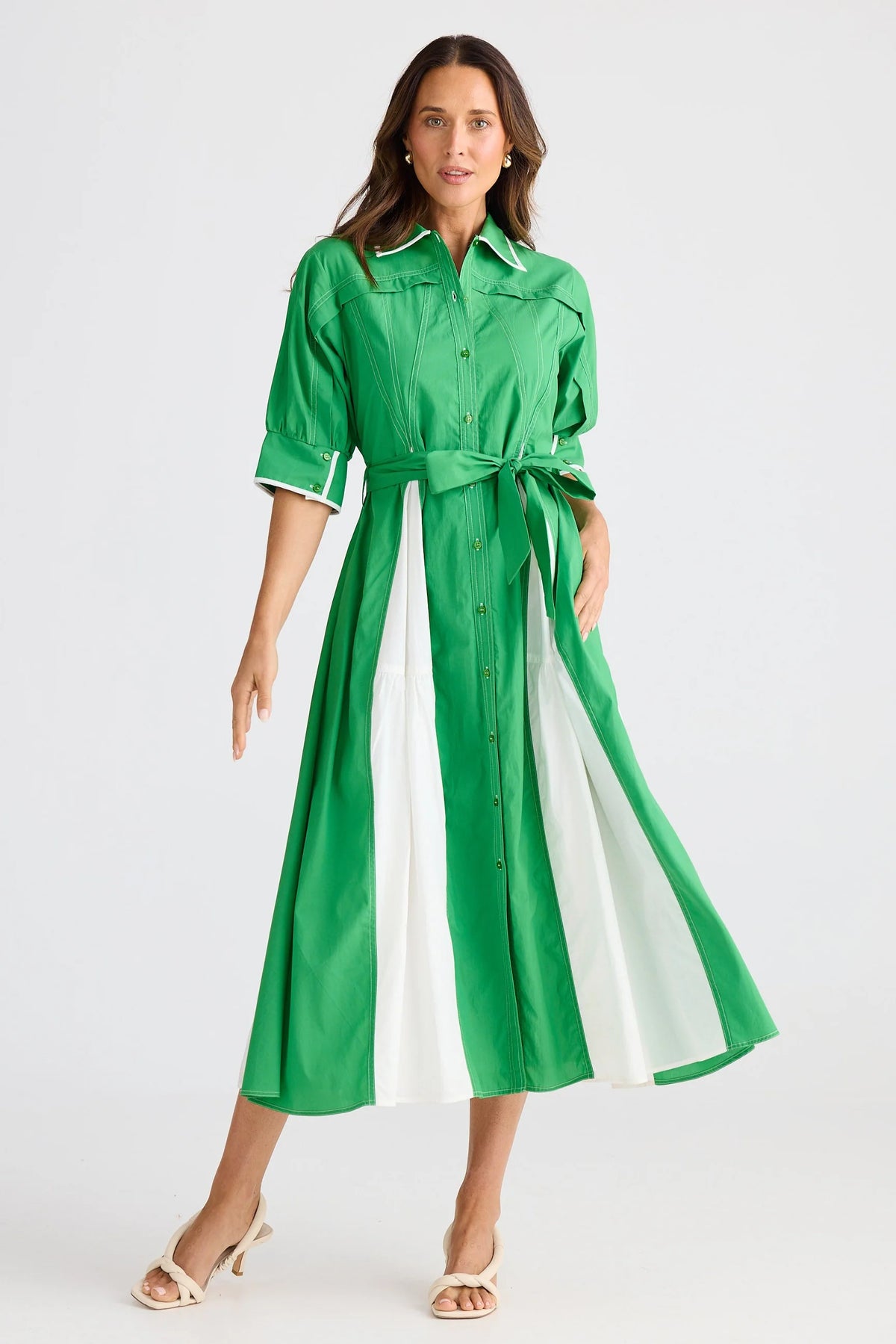 Aubree Dress Green With White - PREORDER DELIVERY MID/END SEPT