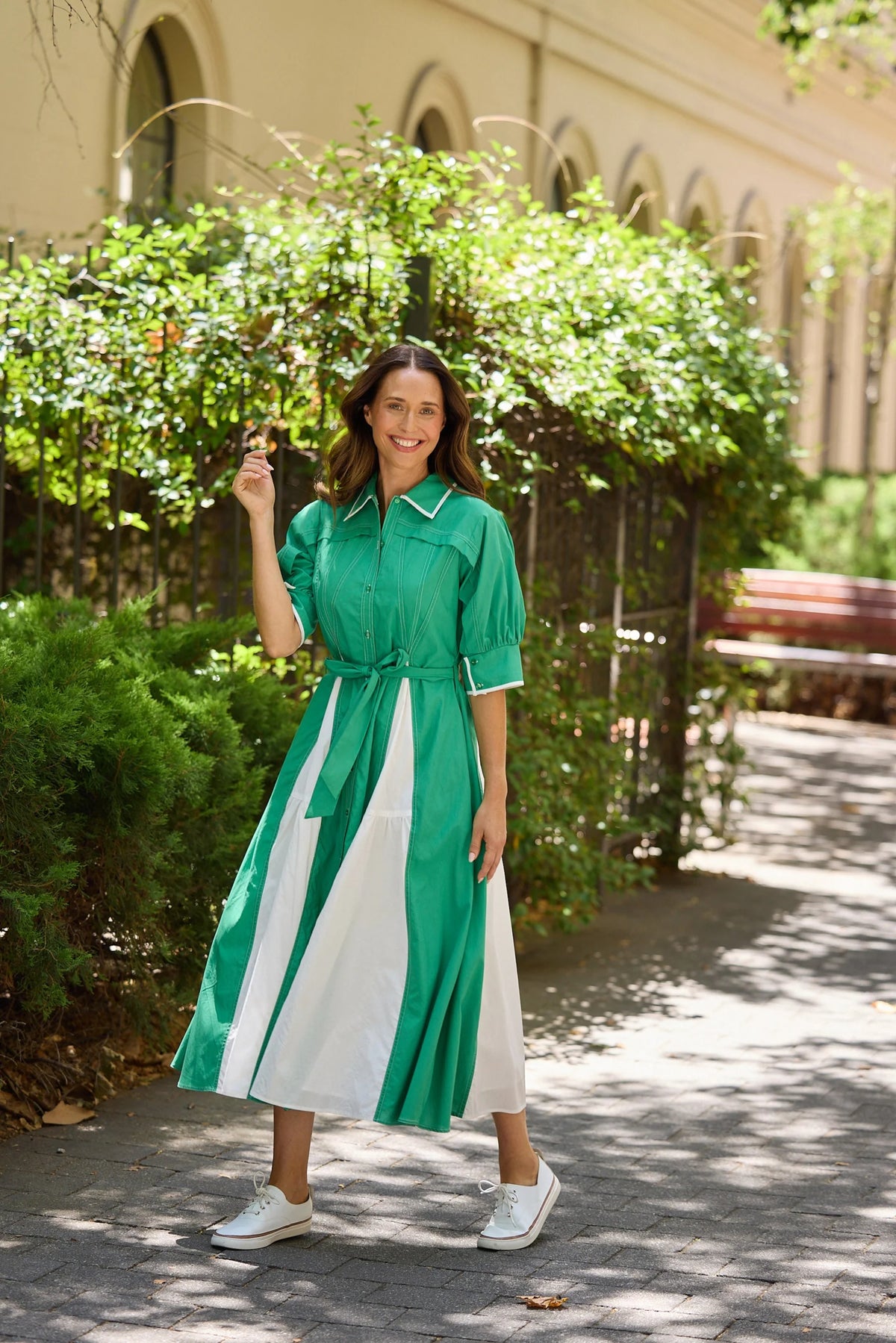 Aubree Dress Green With White - PREORDER DELIVERY MID/END SEPT