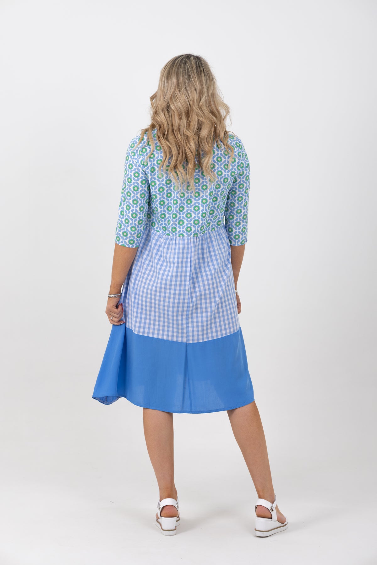 Amalfi Print Check Tiered Dress Blue