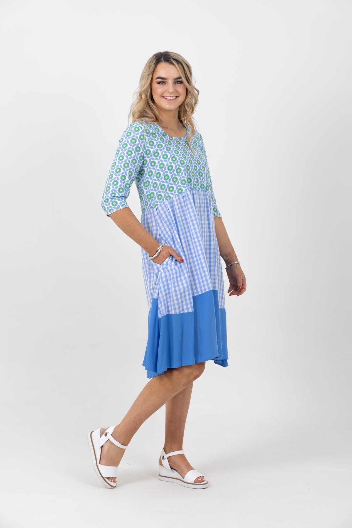 Amalfi Print Check Tiered Dress Blue