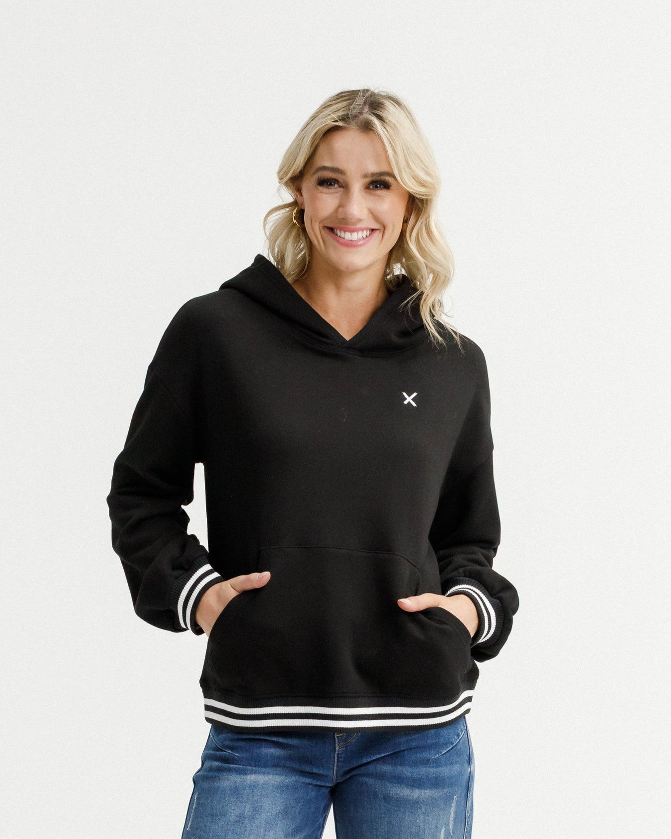 Elliot Hoodie Alpine Weight Black With Silver X And Stripe Cuffs
