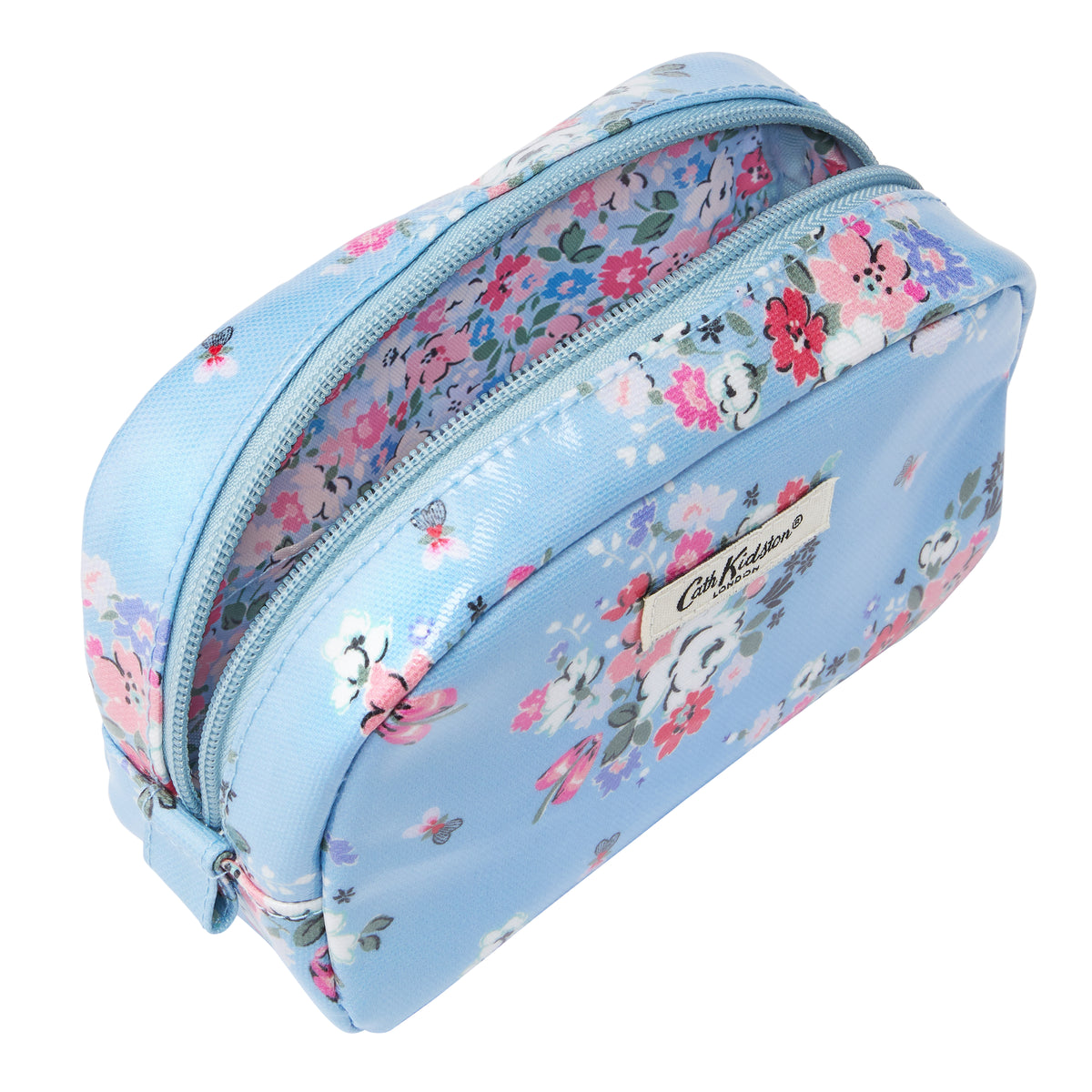 Make Up Bag With Mirror Pale Blue With Flowers