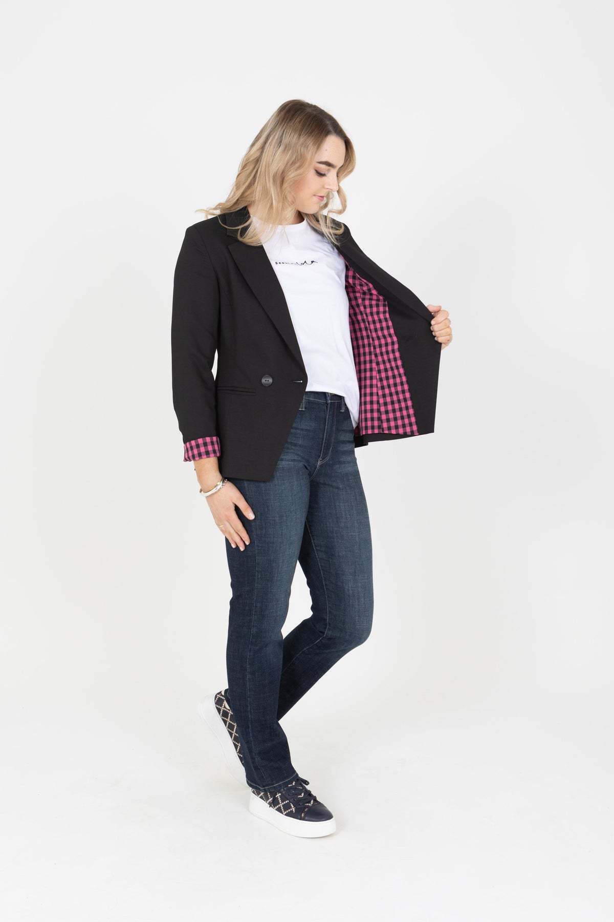 Georgie Double Breasted Blazer -Black With Pink Gingham EXCLUSIVE TO MINT