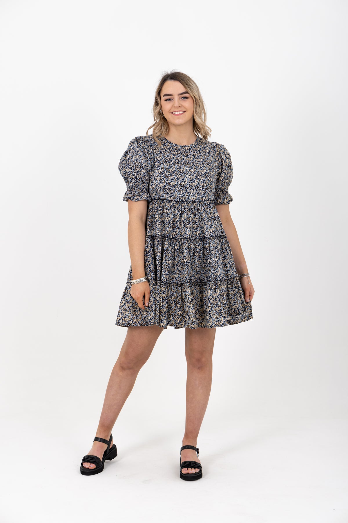 Briar Tiered Mini Dress Navy Sunshine - EXCLUSIVE TO MINT
