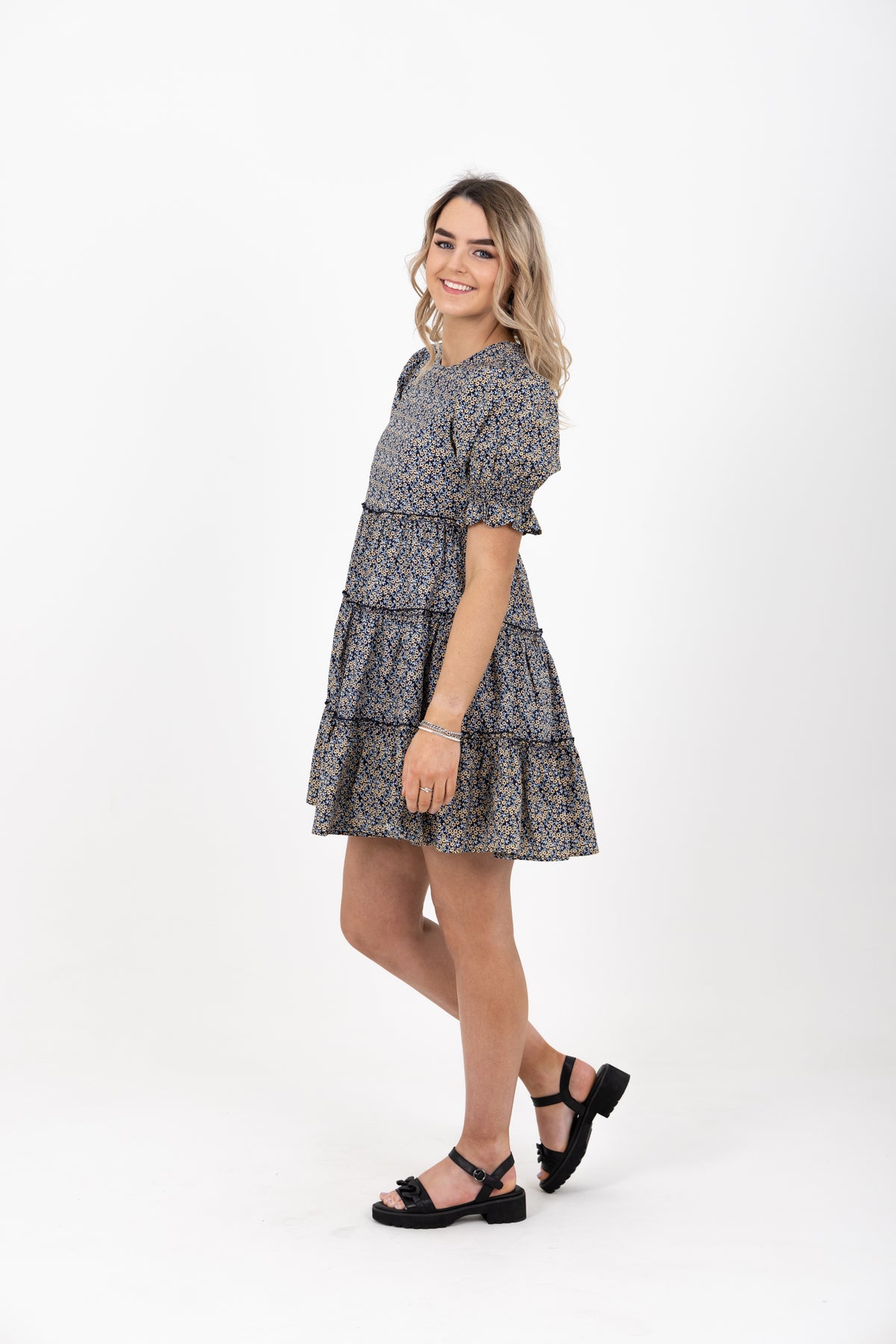 Briar Tiered Mini Dress Navy Sunshine - EXCLUSIVE TO MINT