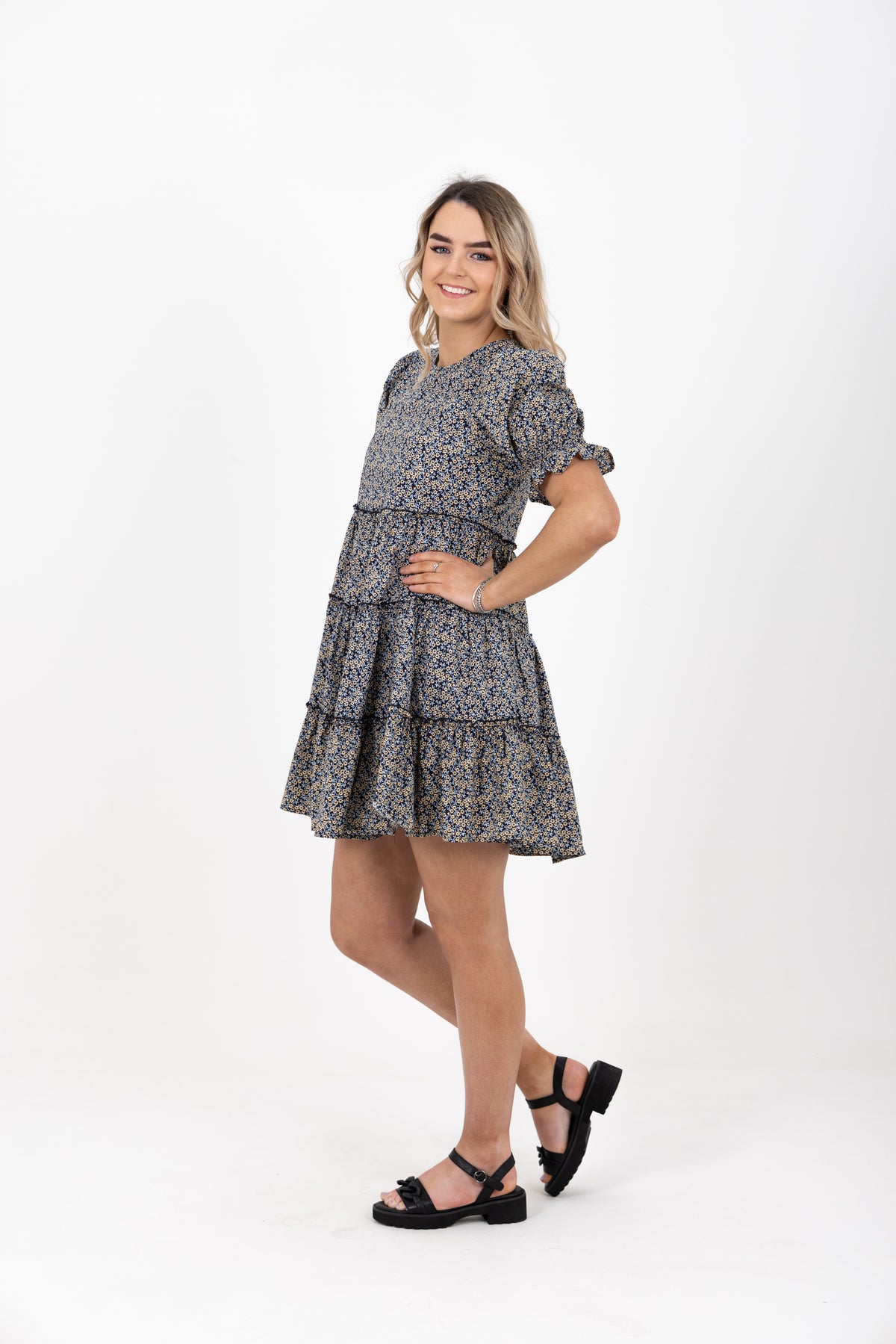 Briar Tiered Mini Dress Navy Sunshine - EXCLUSIVE TO MINT