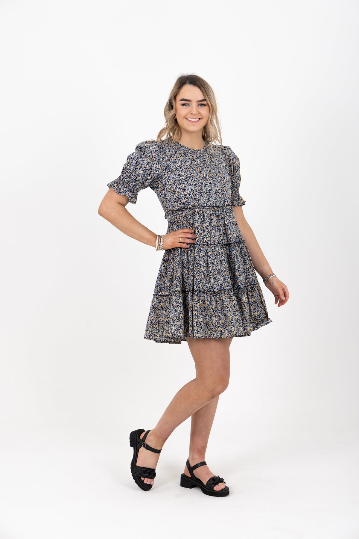 Briar Tiered Mini Dress Navy Sunshine - EXCLUSIVE TO MINT