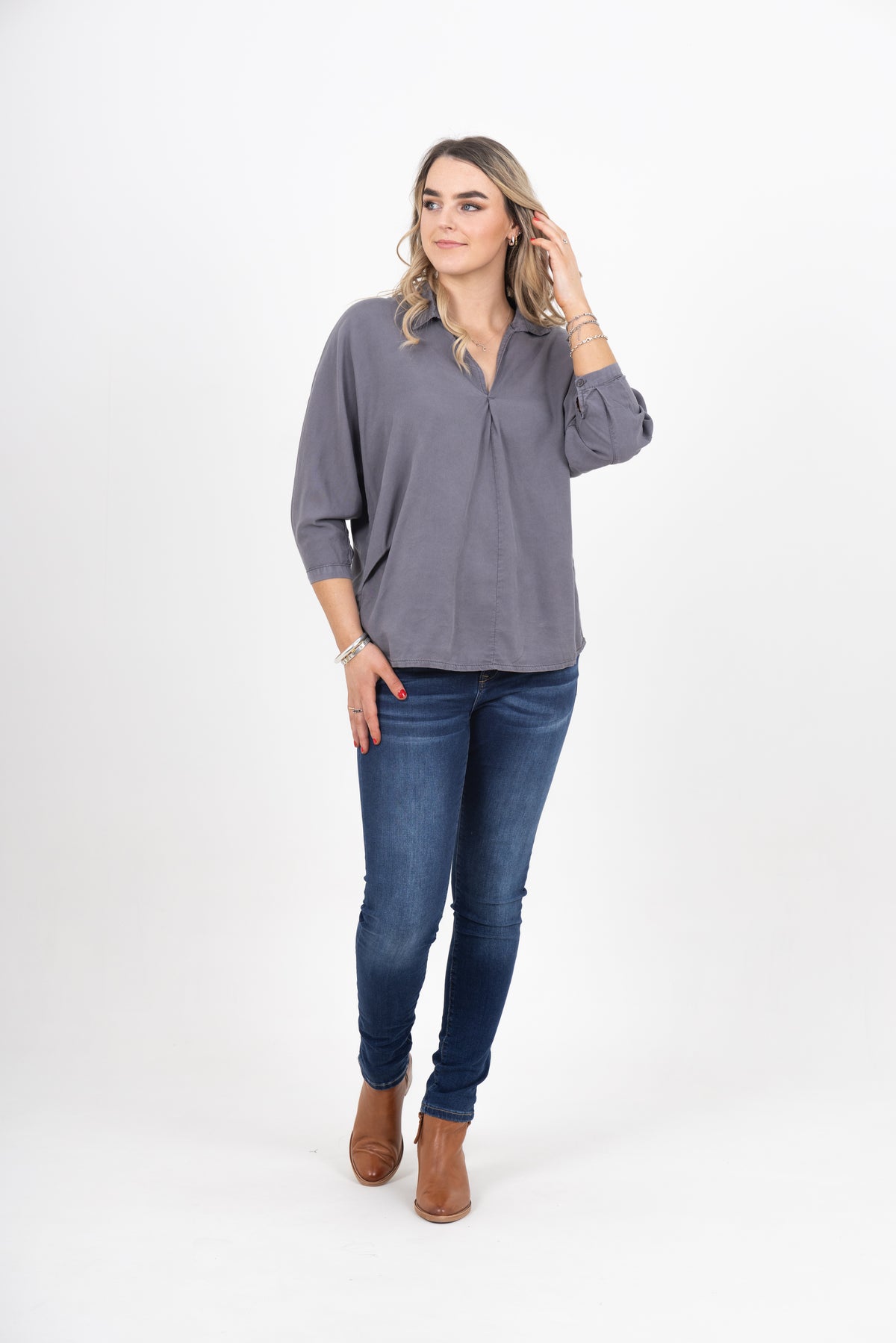 Bonny Button Back Top Dark Grey