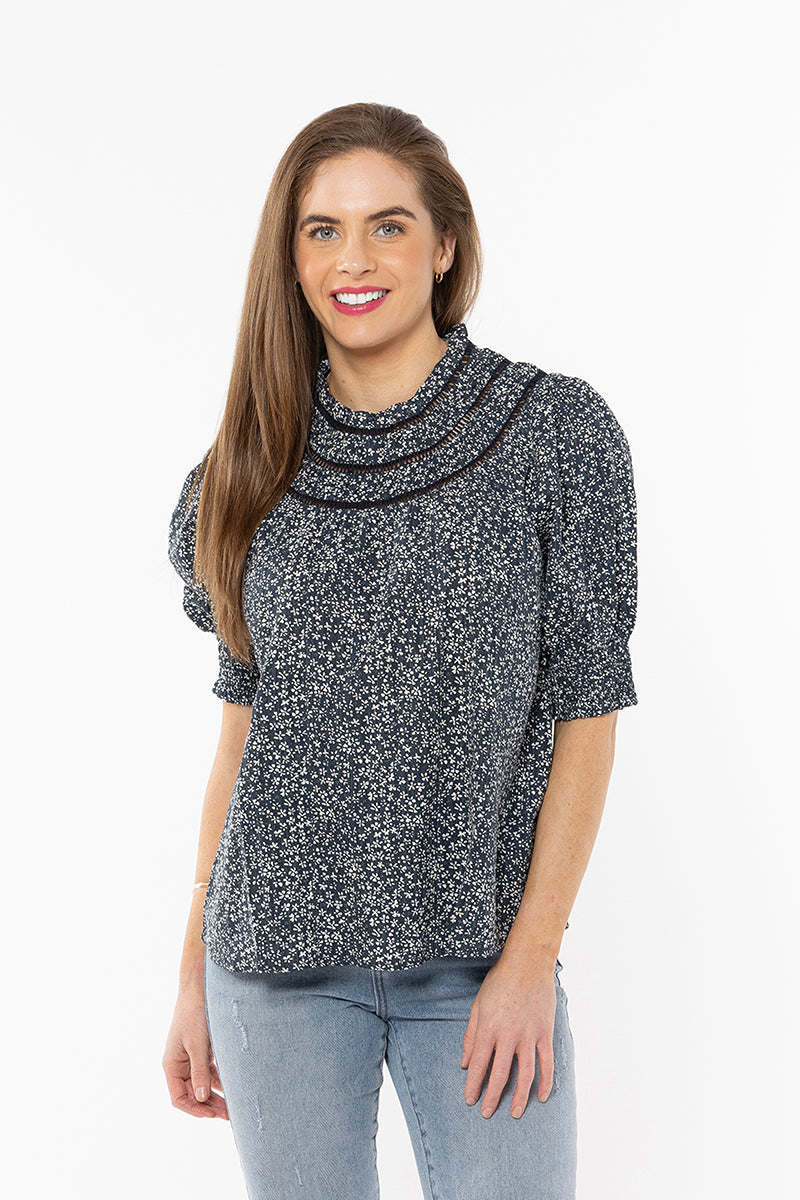 Short Sleeve Delilah Top Denim Blossom
