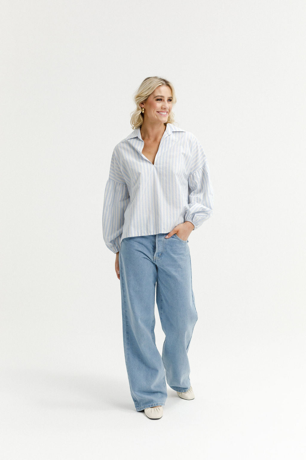 Stevie Shirt Powder Blue Stripes - PREORDER DELIVERY EARLY FEB