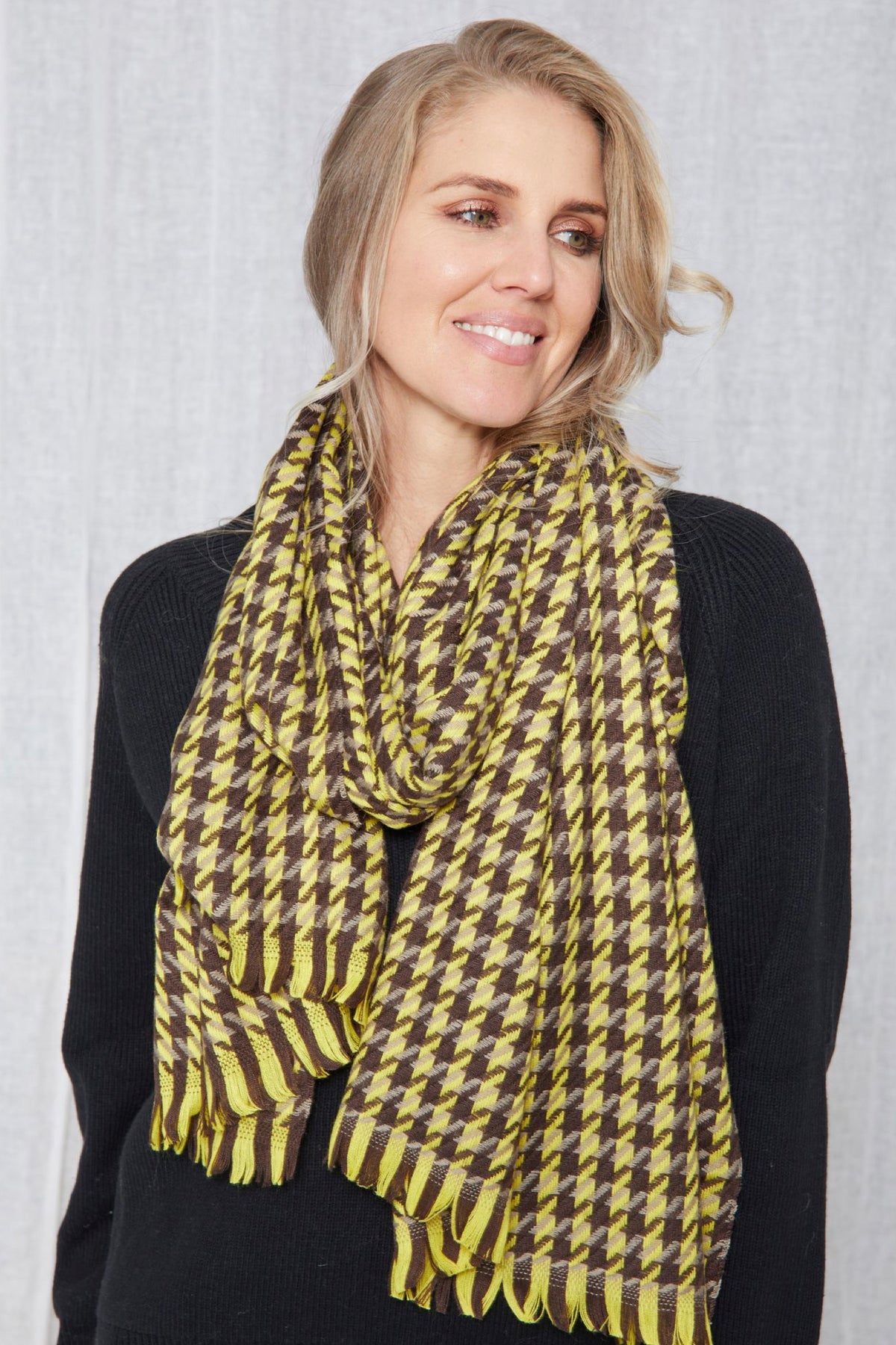 Tricolour Yellow Brown And Taupe Houndstooth Scarf