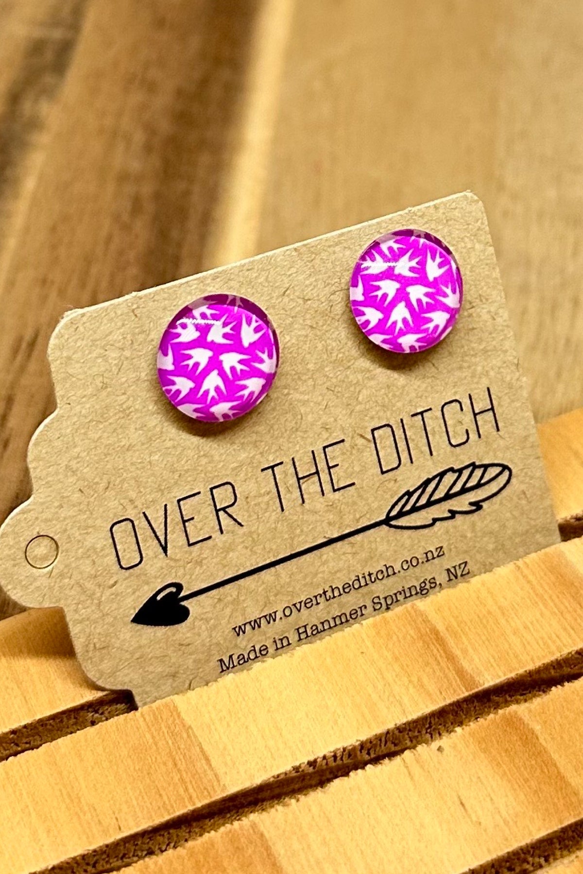 Pink With White Bird Studs