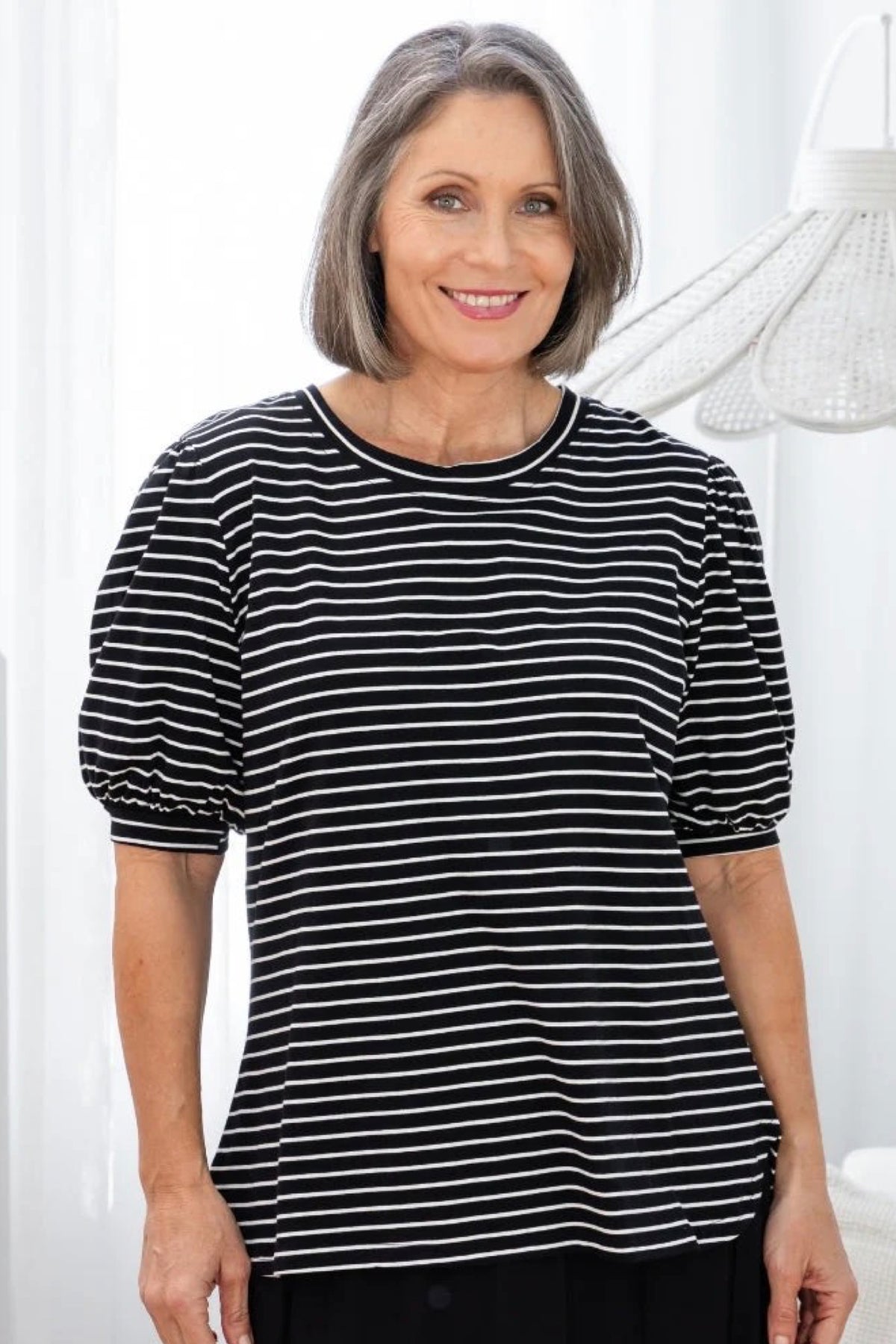 Phoebe Puff Sleeve Tee Black Stripe - PREORDER DELIVERY EARLY DEC