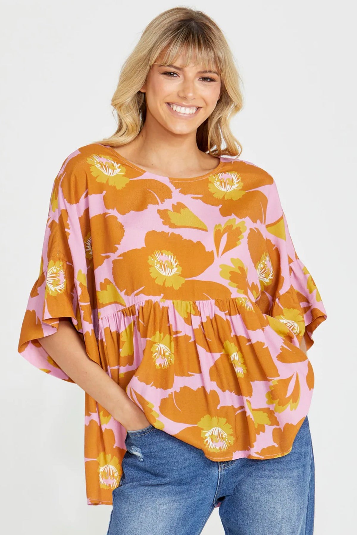 Harper Frill Hem Relaxed Top Pink Floral