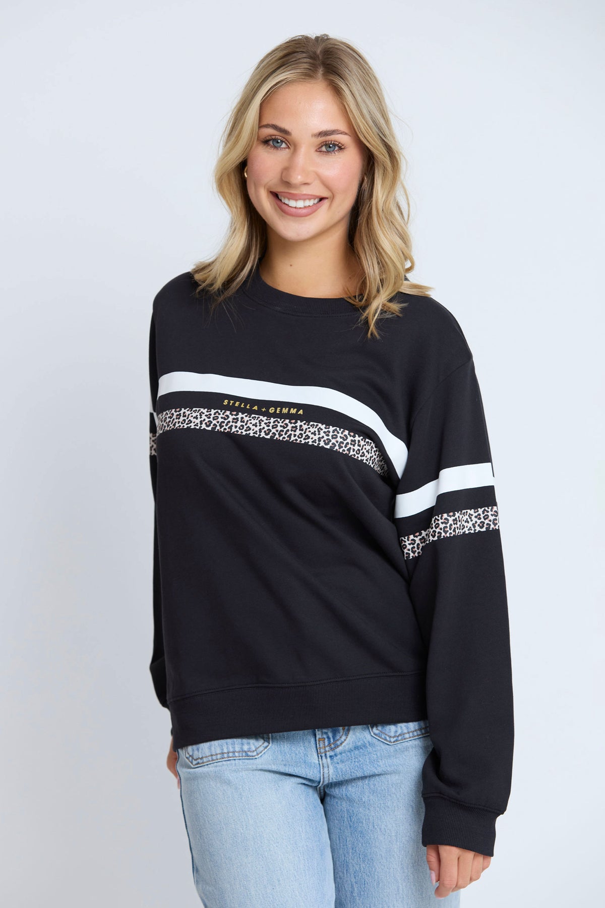 Essential Sweat Black With Leopard And White Stripe