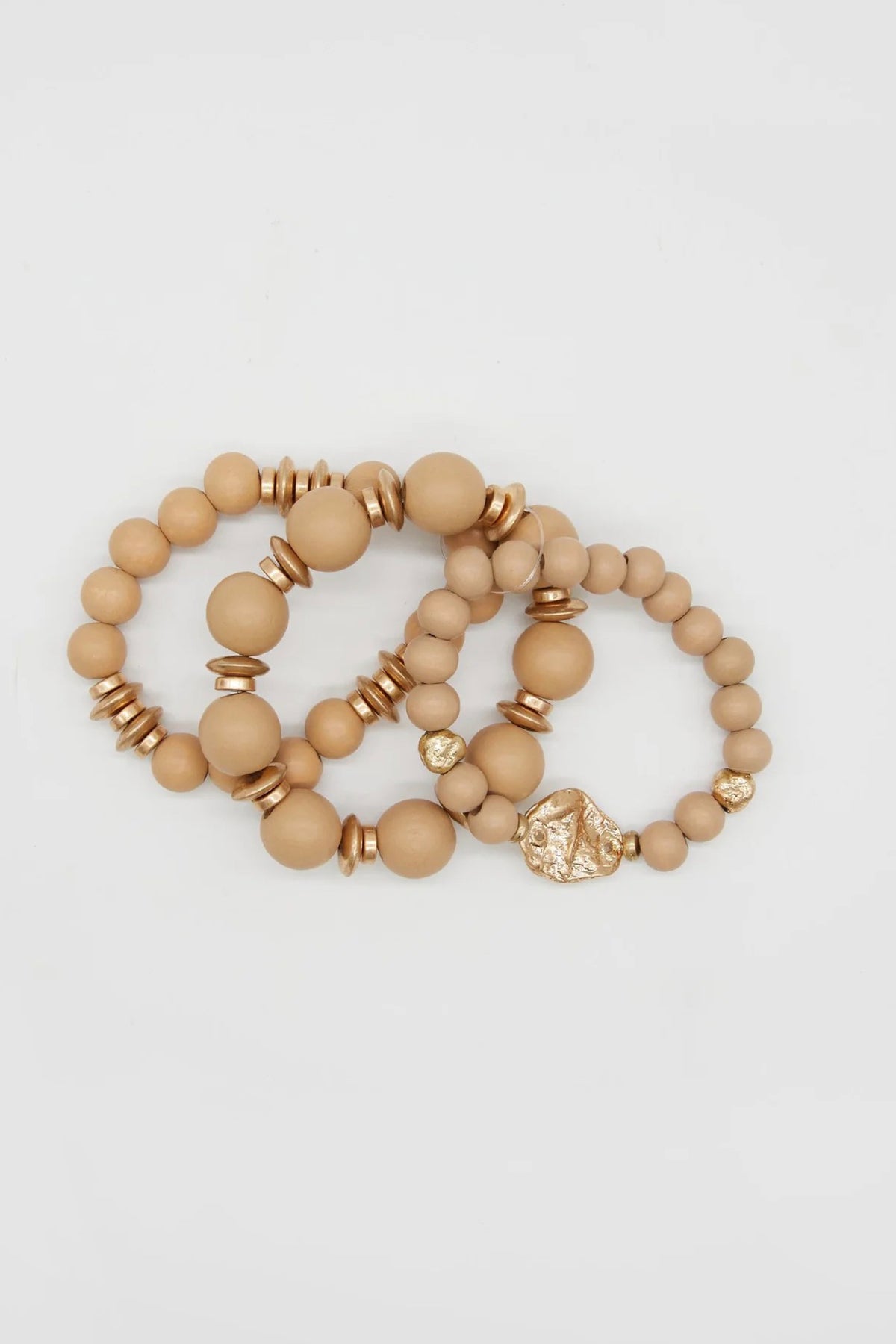 Set Of 3 Neutral Wood Beads Bracelet