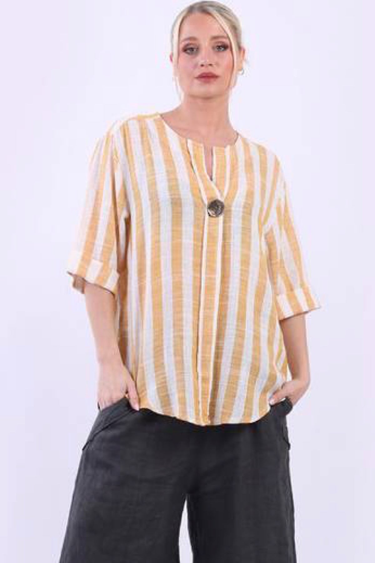 Cassie Strip Button Top Mustard