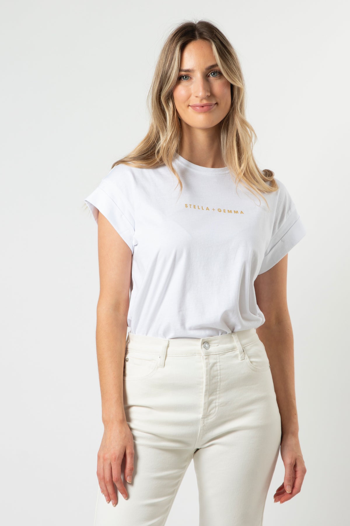 Cuff Sleeve T-Shirt White With Gold Logo