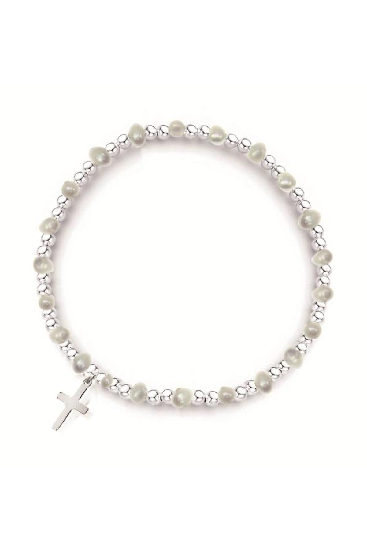 Pearl Coll SS Elastic Ball Bracelet With Freshwater Pearls Cross