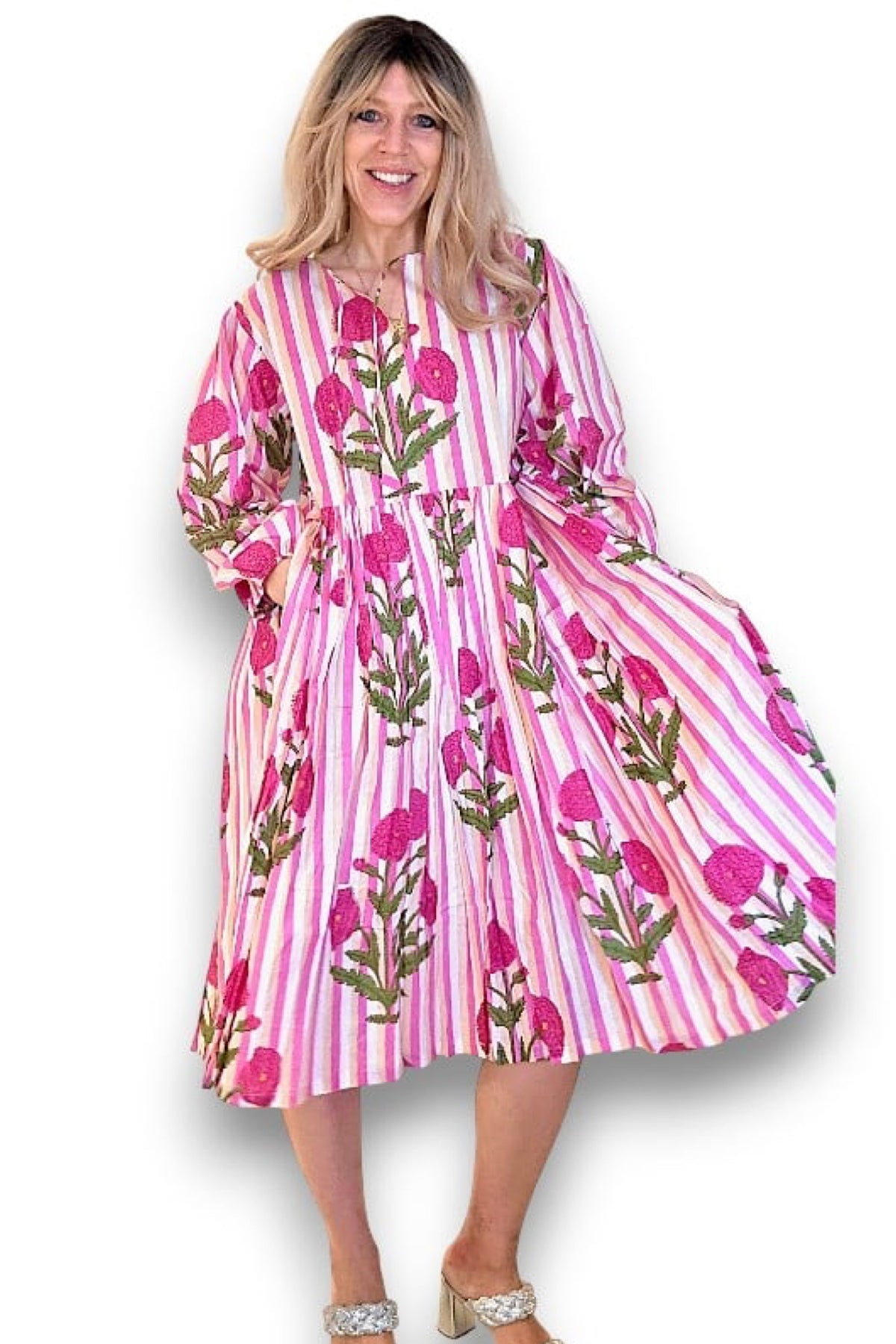 IDA IVY Pouf Sl Dress Pink Dahlia Stripe