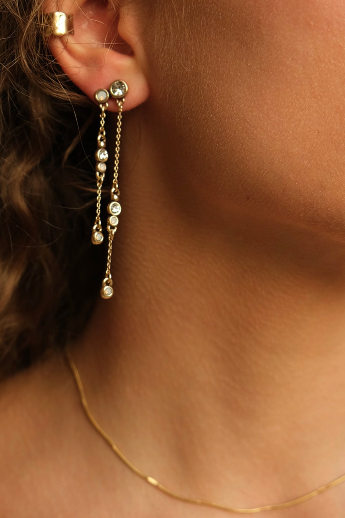 Droplets Gold Double Row Long Earrings