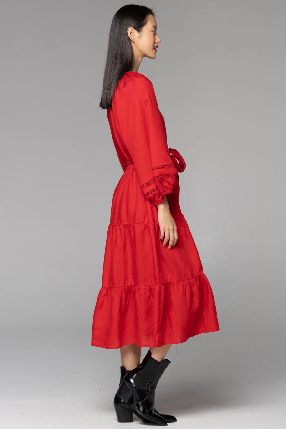 Faraway Tiered Midi Dress Cherry Red