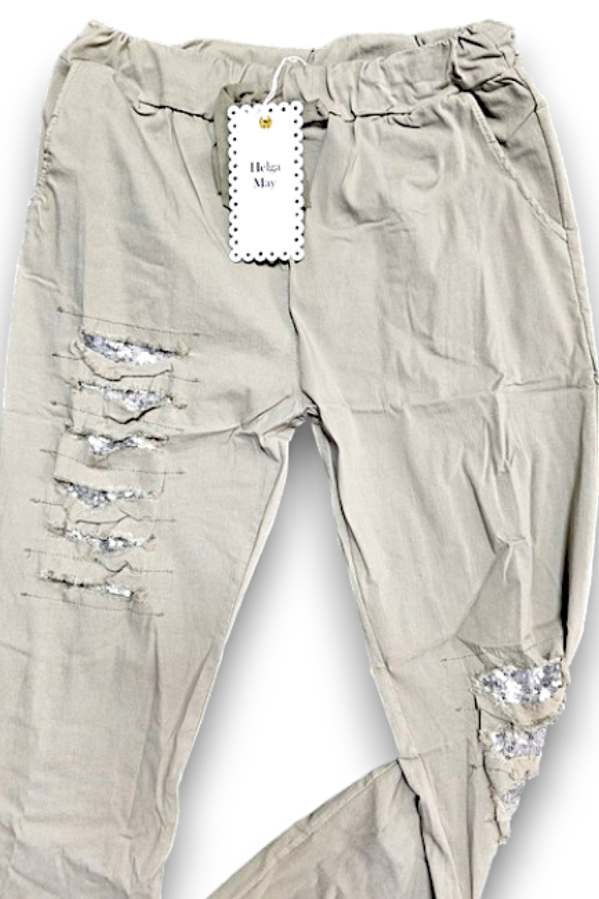 Ripped Pants With Sequins Khaki