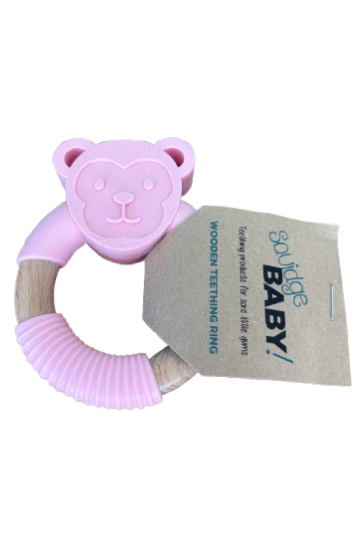 Wooden Animal Teething Ring Pink Monkey