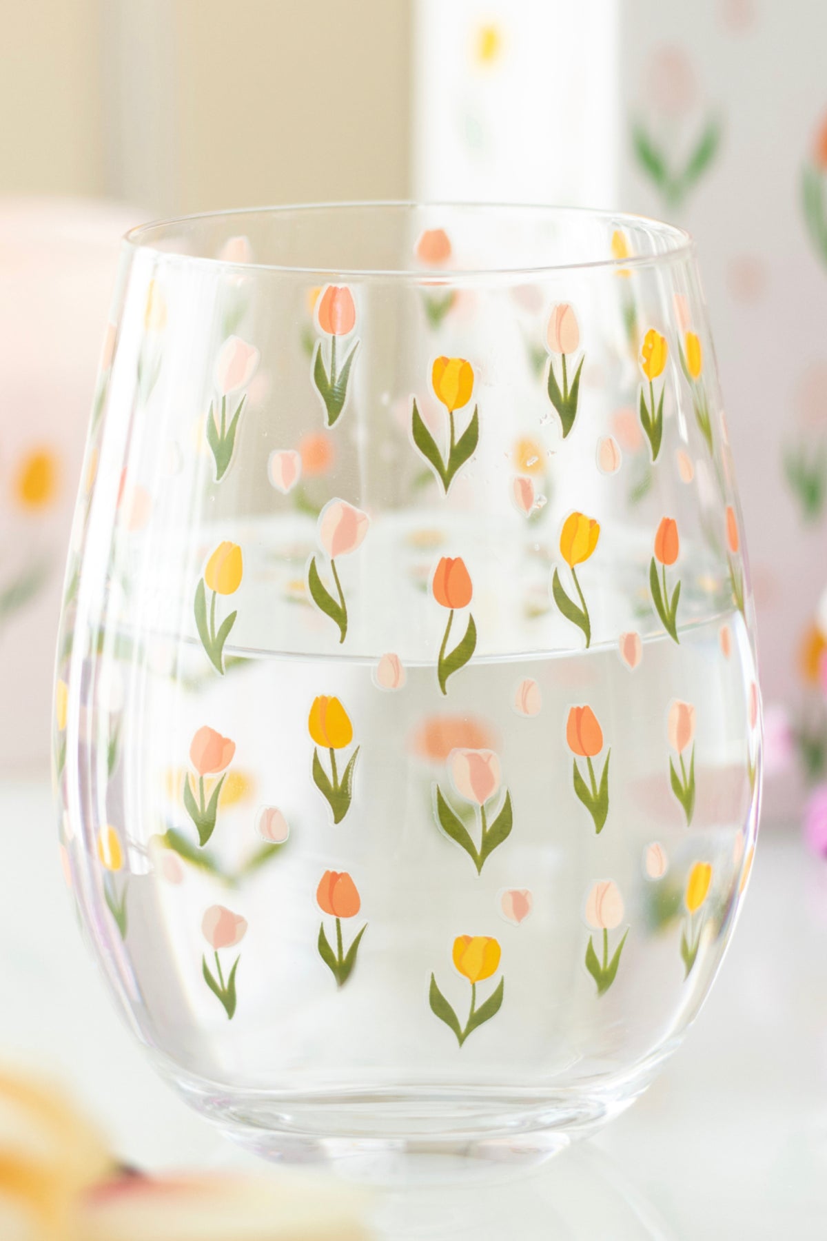 Tulip Print Stemless Wine Glass