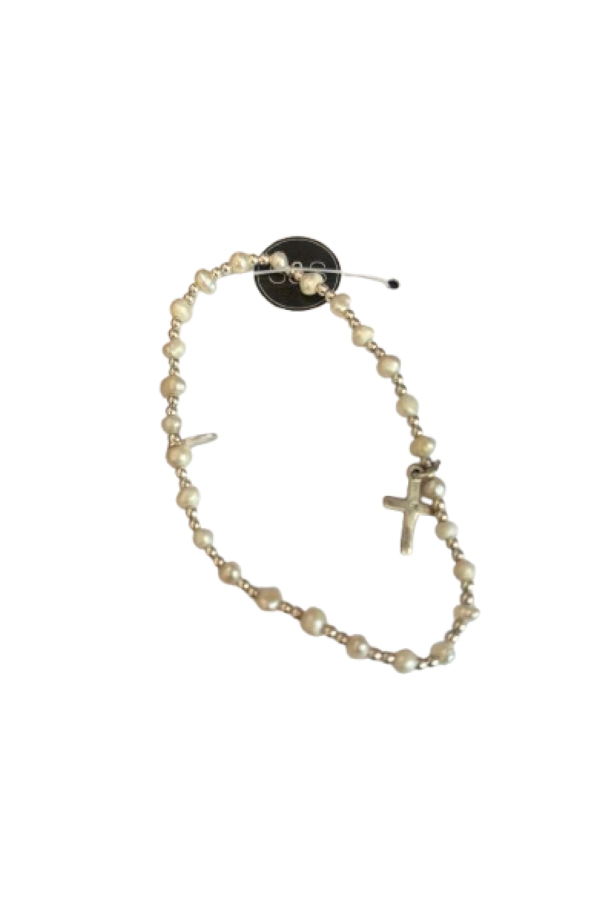 Pearl Coli SS Elastic Ball Bracelet With Cross