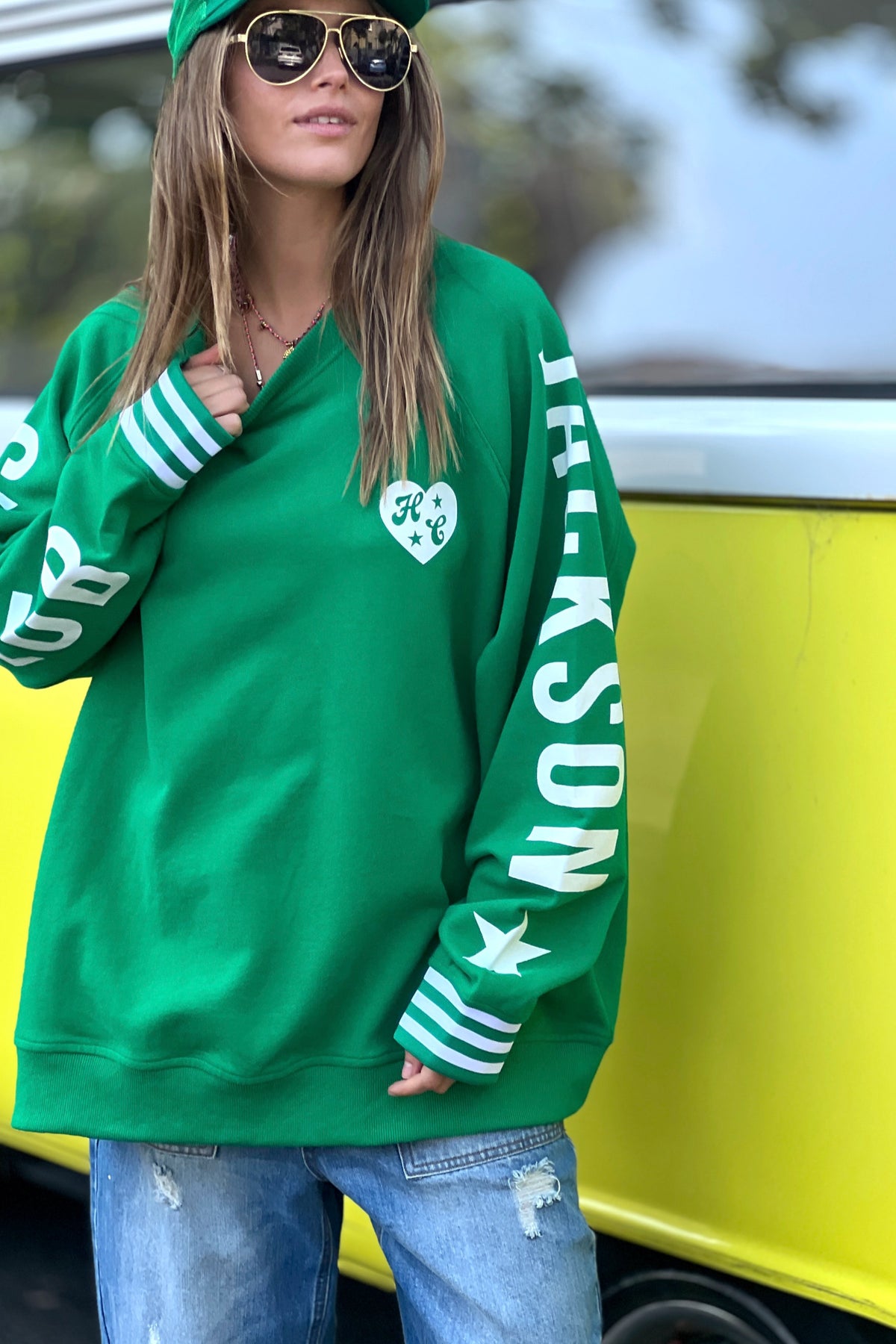 Ski Oversized Stripe Cuff Sweat Green - PREORDER DELIVERY MID JUNE