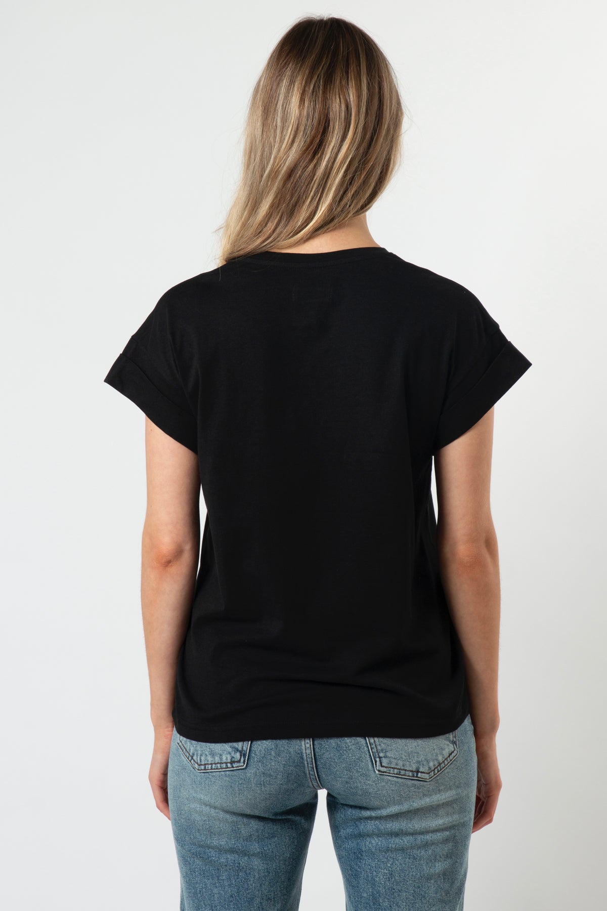 Cuff Sleeve T-Shirt Black With Silver Logo
