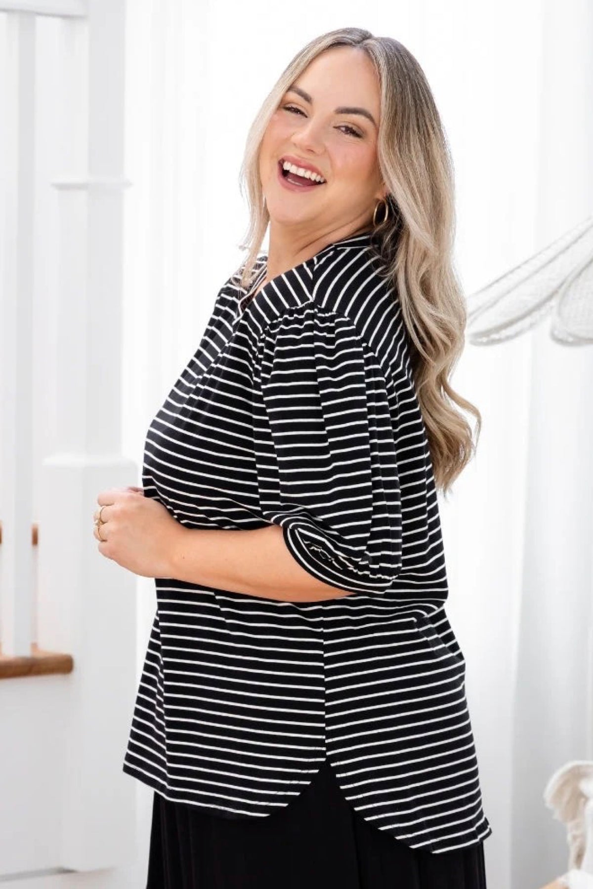 Phoebe Puff Sleeve Tee Black Stripe - PREORDER DELIVERY EARLY DEC