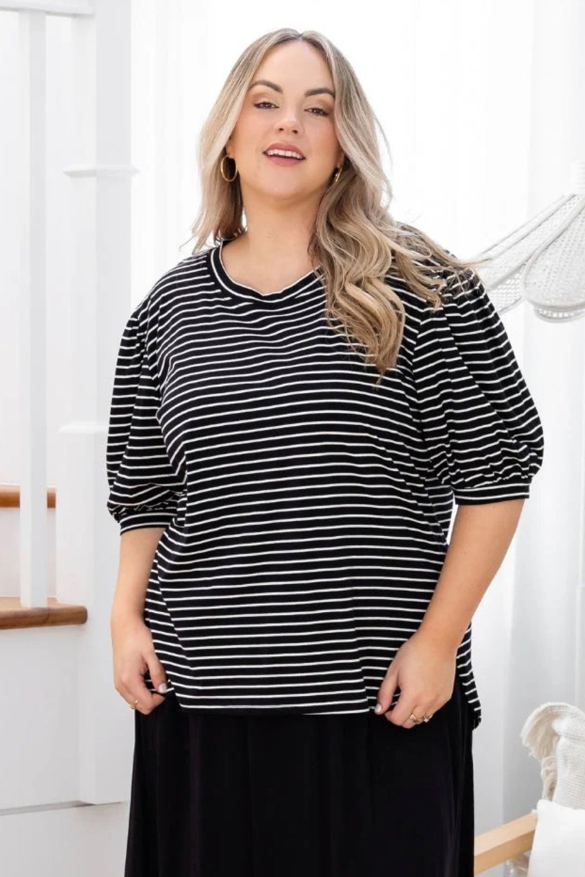 Phoebe Puff Sleeve Tee Black Stripe - PREORDER DELIVERY EARLY DEC