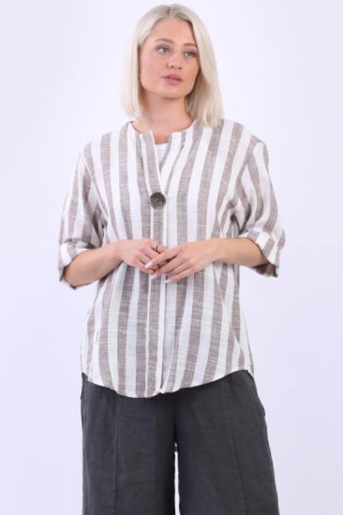 Cassie Strip Button Top Mocha