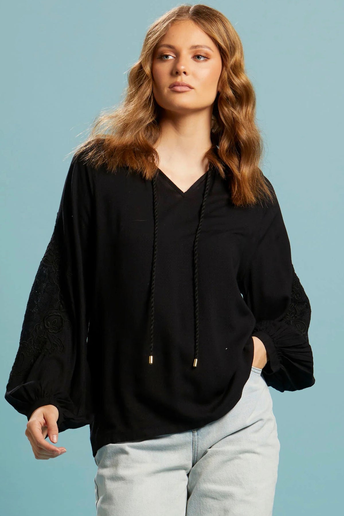 Unholy Embroidered Sleeve Top Black