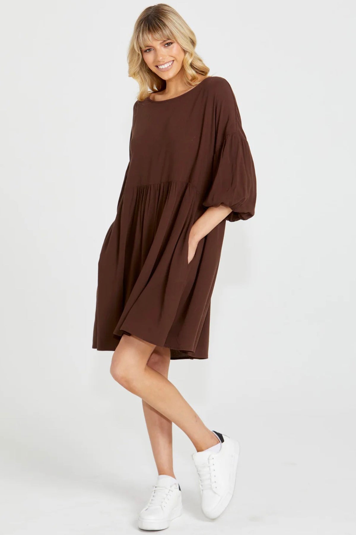Yasmin Bubble Sleeve Mini Dress Chocolate