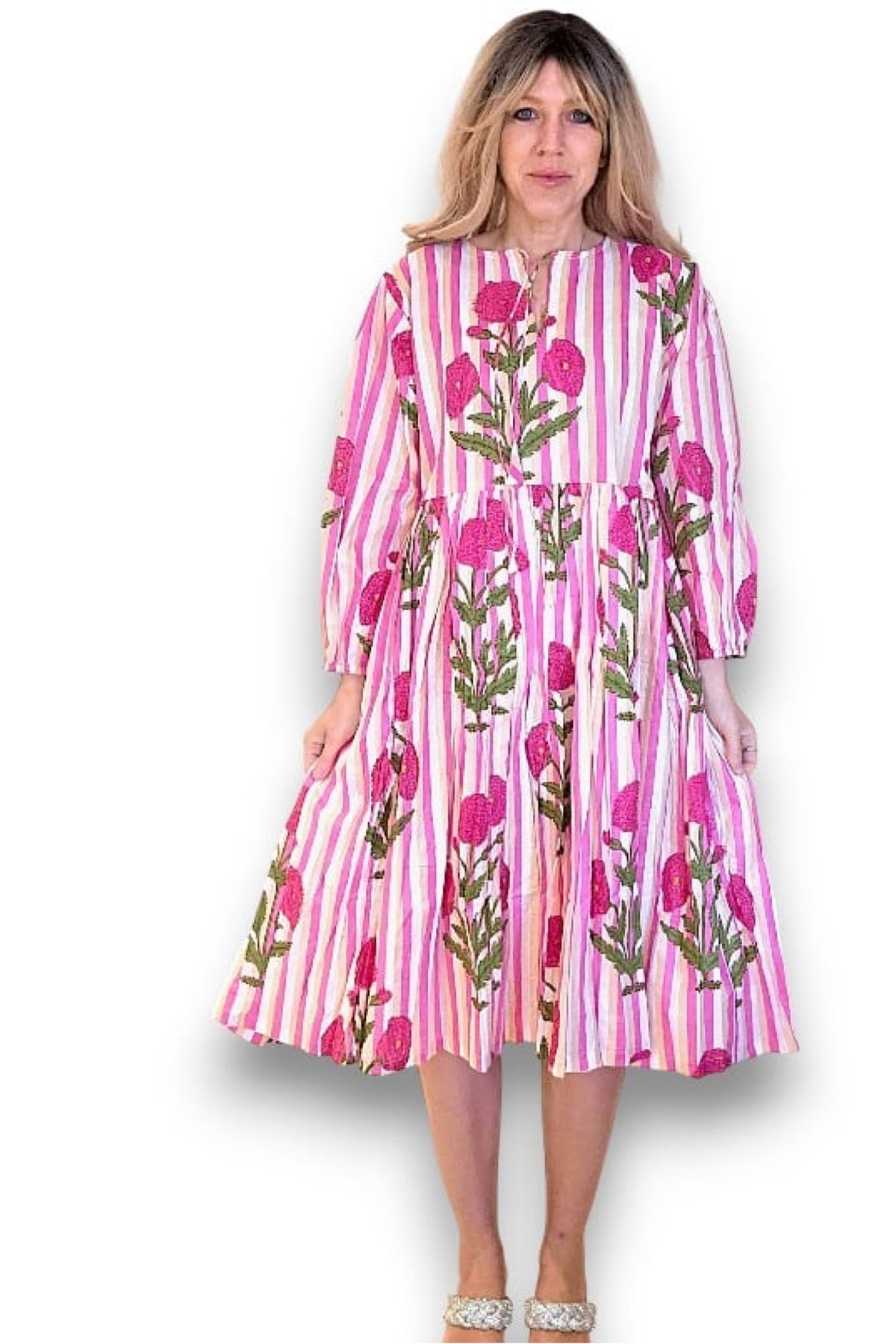 IDA IVY Pouf Sl Dress Pink Dahlia Stripe