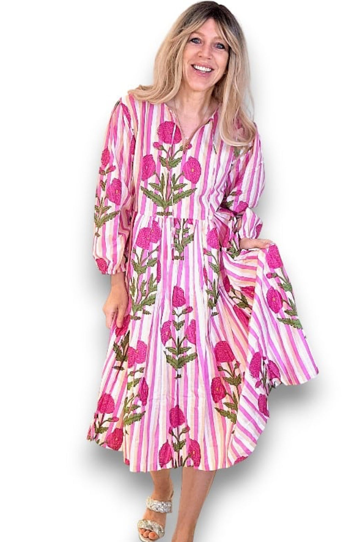 IDA IVY Pouf Sl Dress Pink Dahlia Stripe